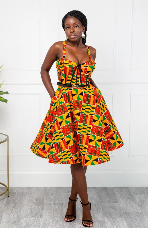 Kente African Print Fit & Flare Corset Midi Dress - KENYA Comfortable Geometric Print Midi Dress Kente African Print Fit & Flare Corset Midi Dress - KENYA Comfortable Geometric Print Midi Dress