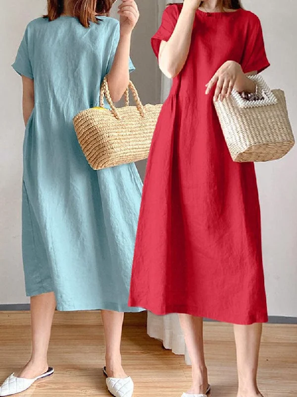 Knee Length Dress Cotton Solid Pockets Women Midi Dress Stylish Halter Neck Midi Dress