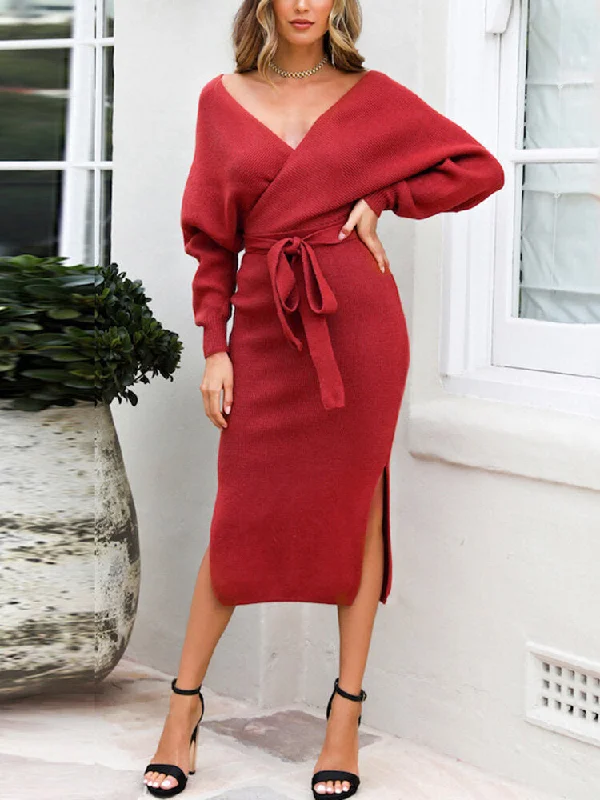 Knitted Low-cut V-neck Lace-up Back Hollow Out Long Sleeve Split Hem Women Midi Dress Elegant Satin Slip Midi Dress