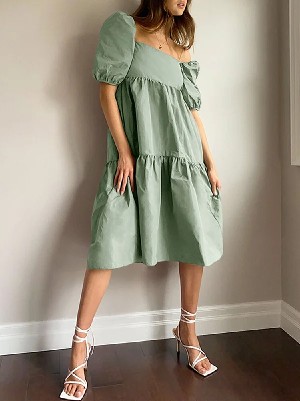 Leisure Puff Sleeve Back Tie Split Stitching Summer Loose Women Midi Dress Comfortable Deep V Midi Dress