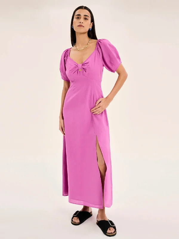 London Linen Bow Detail Midi Dress in Magenta Stylish Vintage Midi Dress