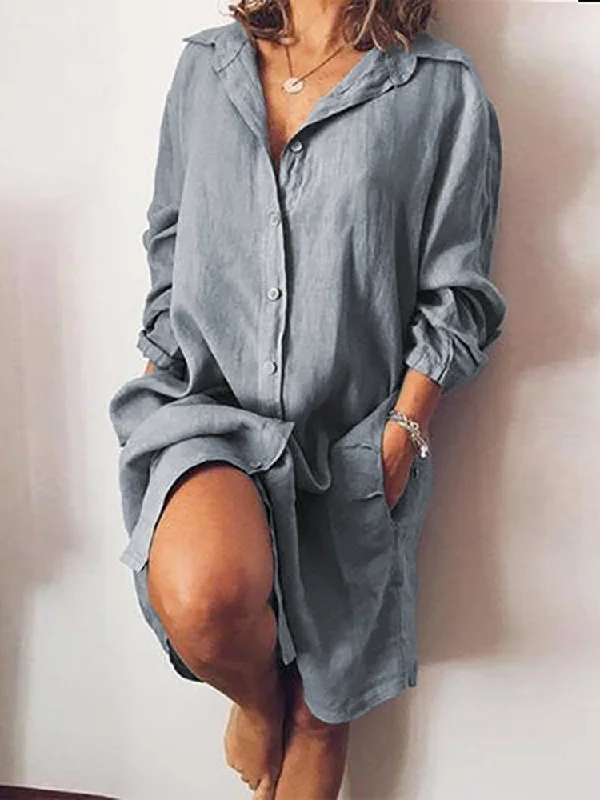 Loose Casual Long Sleeve V-neck Button Pocket Shirt Women Midi Dress Stylish Button-Down Midi Dress