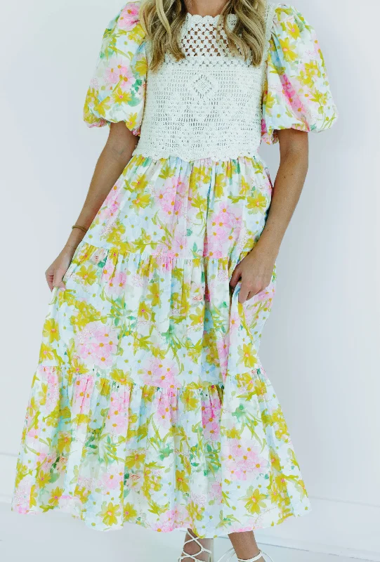 Lorelei Midi Dress - Yellow/Multi Floral Trendy Off-Shoulder Ruffle Midi Dress