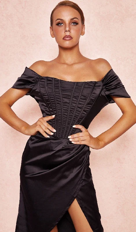 SATIN OFF SHOULDER MIDI DRESS IN BLACK Classic Black Midi Dress