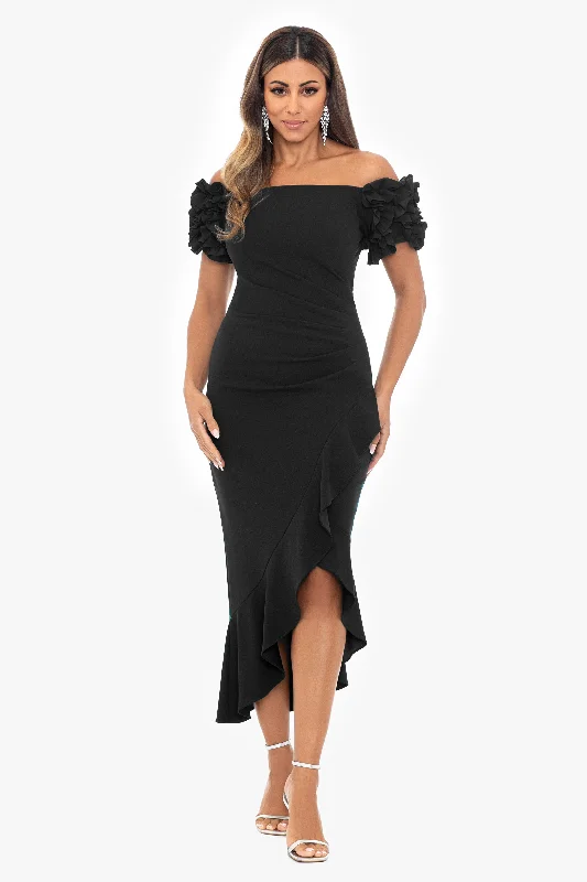 "Loretta" Scuba Crepe Off the Shoulder Ruffle Sleeve Midi Dress Trendy Shift Midi Dress