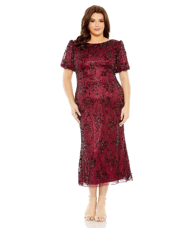Mac Duggal 5940 Plus Size High Neck Puff Sleeve Embellished Midi Dress Fashionable A-Line Midi Dress Mac Duggal 5940 Plus Size High Neck Puff Sleeve Embellished Midi Dress Fashionable A-Line Midi Dress