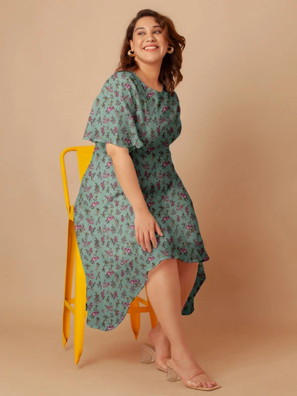 Mint Floral Print Flared Midi Dress Comfortable Stretch Midi Dress