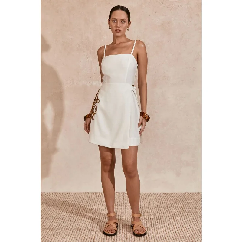 Mon Renn Luna Embroidered Mini Dress - Ivory Biscuit Trendy Wraparound Mini Dress