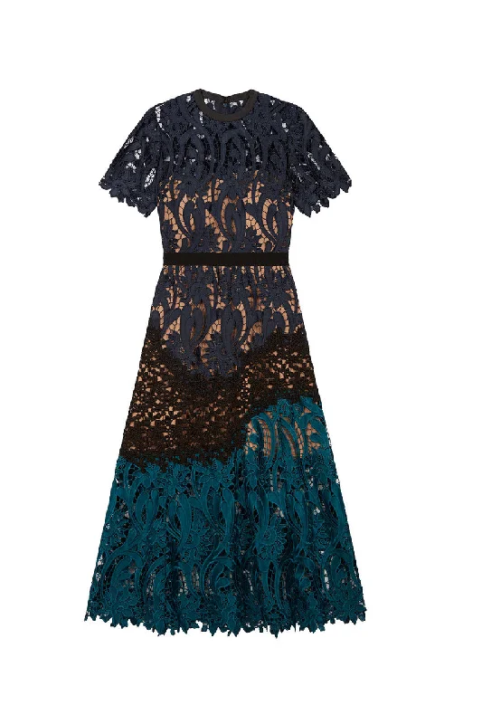 Black and Blue Prairie Guipure Midi Dress Fashionable Chiffon Midi Dress