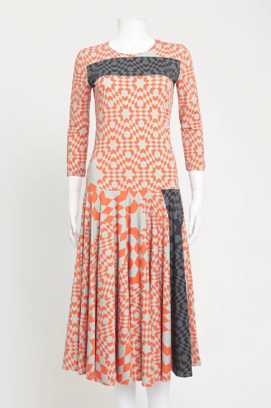 Orange and Grey Geometric Print Jersey Preowned Midi Dress Elegant Sleeveless Midi Dress