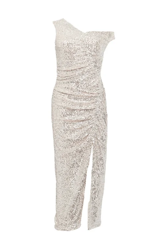 Silver Sequin Gathered Asymmetric Midi Dress Comfortable Fit-and-Flare Midi Dress