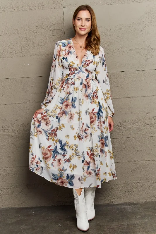 OneTheLand Good Day Chiffon Floral Midi Dress Fashionable Skater Midi Dress