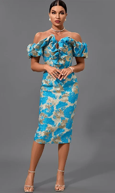 Open To Love <br><span>Blue Geometric Pattern Off The Shoulder Ruffle Sleeve Bustier Bodycon Midi Dress</span> Stylish Cold Shoulder Midi Dress Open To Love <br><span>Blue Geometric Pattern Off The Shoulder Ruffle Sleeve Bustier Bodycon Midi Dress</span> Stylish Cold Shoulder Midi Dress