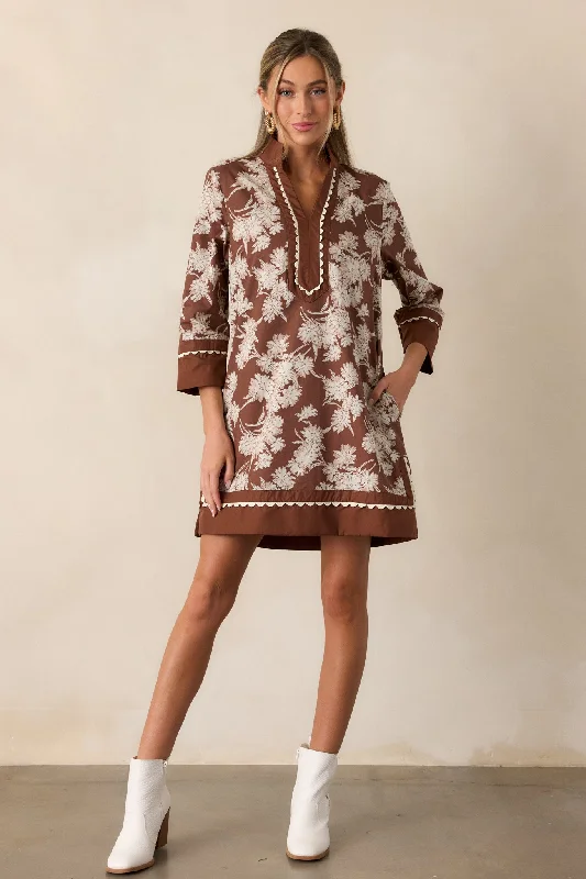 Orchid's Whisper 100% Cotton Chocolate Floral Long Sleeve Mini Dress Fashionable Party Mini Dress