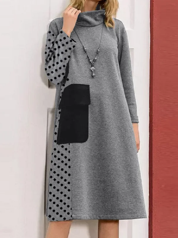 Patchwork Polka Dot Print Drop Shoulder Turtleneck Casual Women Midi Dress Comfortable Short Sleeve Midi Dress