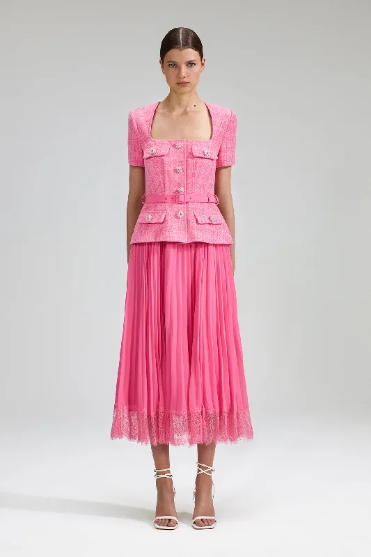 Pink Boucle Chiffon Midi Dress Cozy Tie-Dye Midi Dress