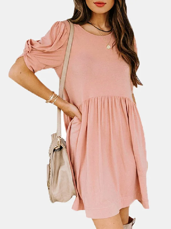 Pleats Pure Color Twist Sleeve Casual Women Midi Dress Stylish Tiered Midi Dress