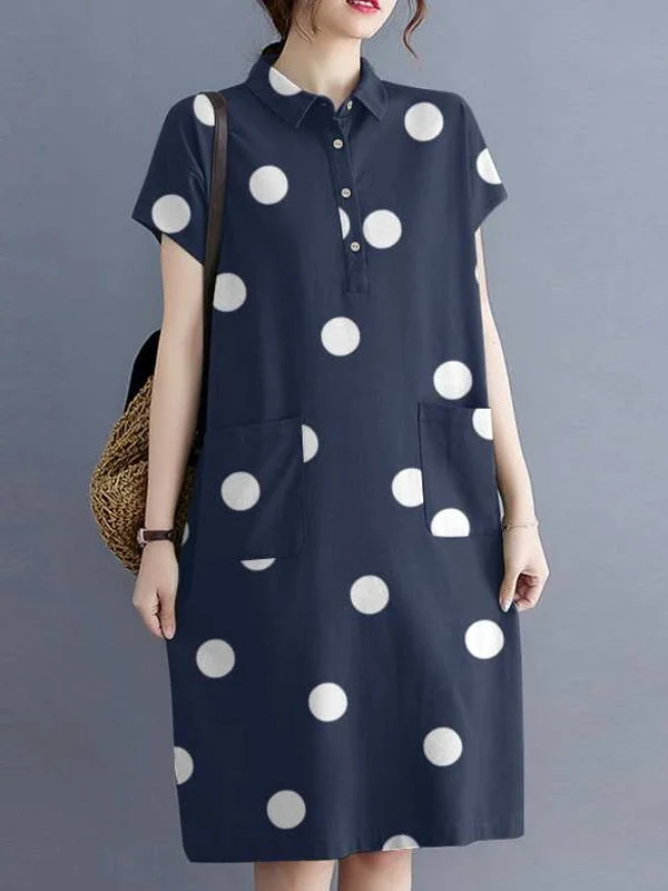 Polka Dot Print Cotton Button Pockets Women Midi Dress Stylish Off-Shoulder Ruffle Dress