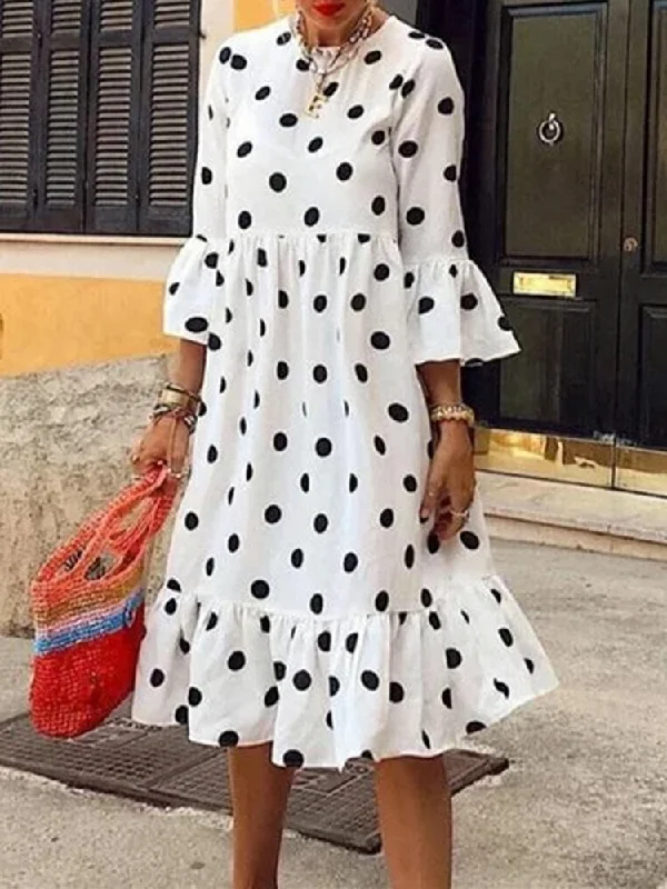 Polka Dot Print Pleating Casual Irregular Hem Women Midi Dress Comfortable Geometric Print Midi Dress