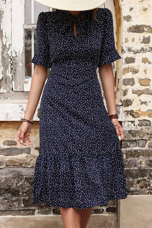 Polka Dot Tie Front Ruffled Midi Dress Trendy Ruffled Sleeve Midi Dress