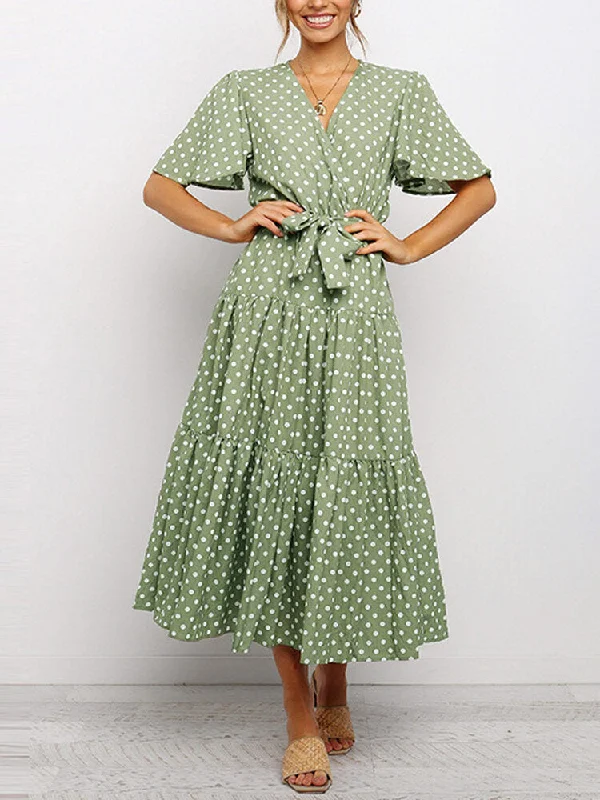 Polka Dot V-neck Short Sleeve Casual Belt Women Midi Dress Trendy Square Neck Midi Dress