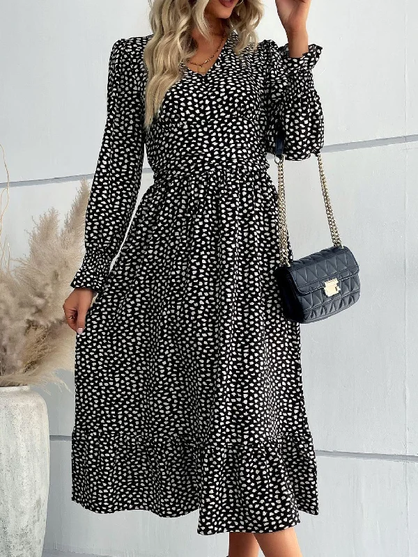 Printed Flounce Sleeve V-Neck Midi Dress Trendy Shift Midi Dress