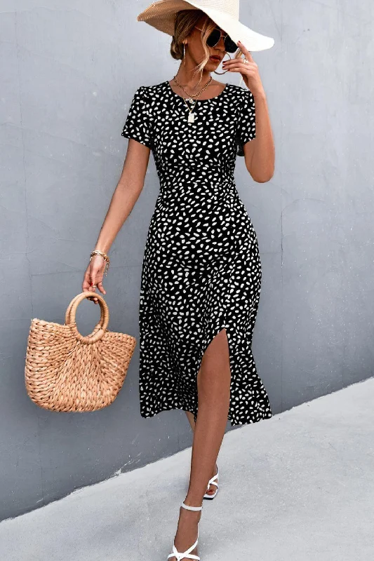 Printed Slit Cutout Midi Dress (Belt Not Included) Fashionable Off-Shoulder Dress Midi