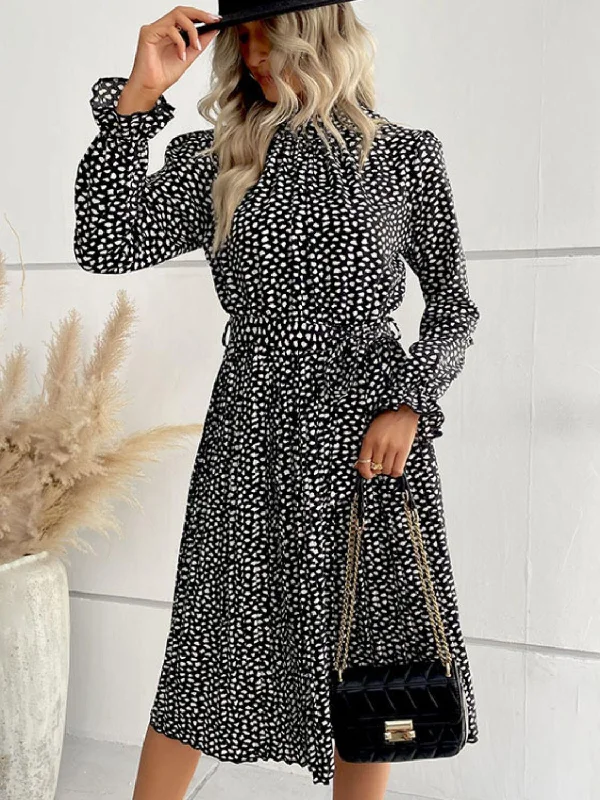 Printed Tie-Waist Flounce Sleeve Keyhole Midi Dress Trendy Bodycon Midi Dress