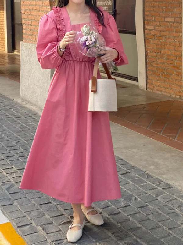 Puff Sleeve Pleating Leisure Holiday Casual Women Midi Dress Elegant Floral Skirt Midi Dress