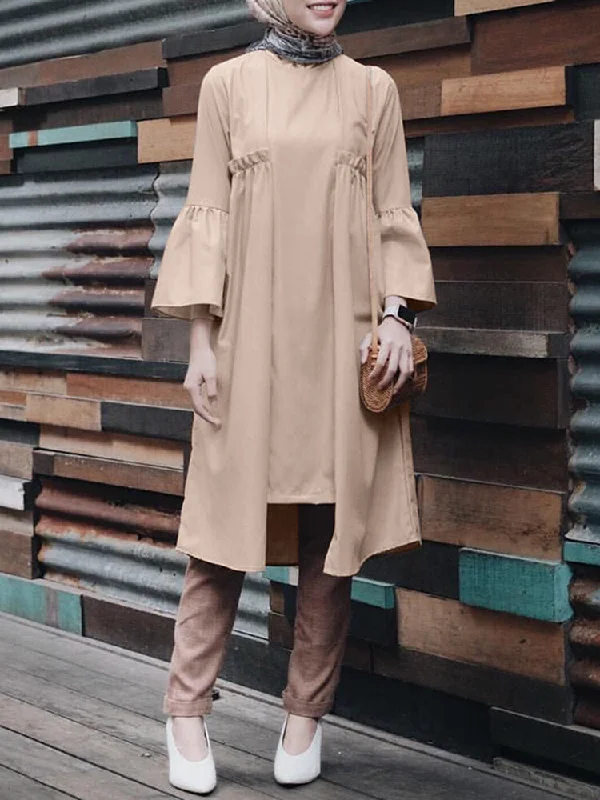 Pure Color Irregular Hem Flared Sleeve O-neck Casual Women Midi Dress Stylish Button-Down Midi Dress