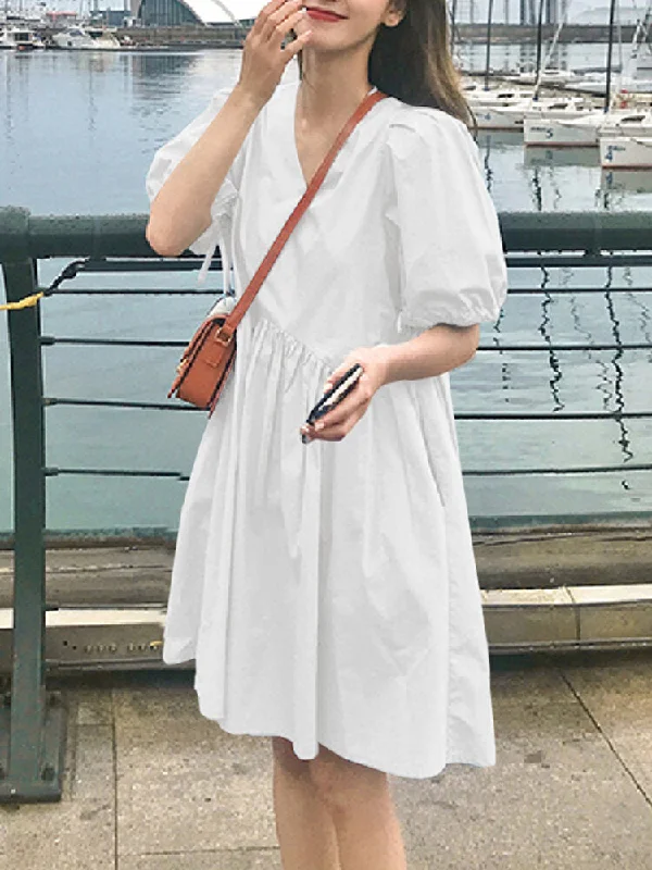 Pure Color Puff Sleeve V-neck Pleats Plain Daily Casual Women Midi Dress Elegant Lace Trim Midi Dress