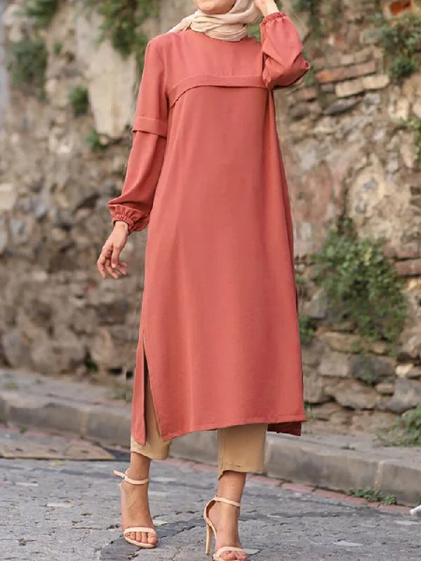 Pure Color Puff Sleeves Silt Elastic Cuffs O-neck Casual Women Midi Dress Elegant Maxi-Midi Hybrid Dress