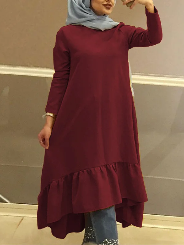 Pure Color Ruffled High Low Hem Full Sleeve O-neck Pocket Women Midi Dress Stylish Long Sleeve Floral Midi Dress