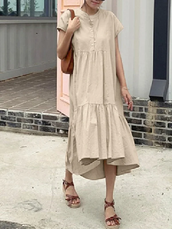 Pure Color Tiered Button Front Cap Sleeve Casual Midi Shirt Women Midi Dress Chic Off-Shoulder Midi Dress