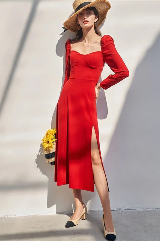 Red Long Sleeves Midi Dress Elegant Velvet Midi Dress