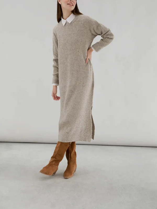 Ribbed Long Sleeve Midi Dress Stylish High-Waisted Midi Dress