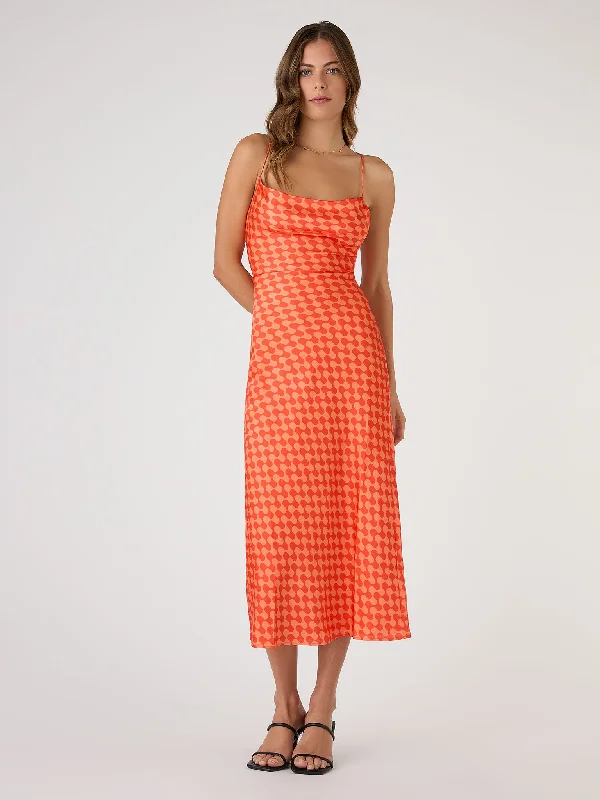 Riviera Midi Dress in Wavy Orange Print Stylish Satin Midi Dress