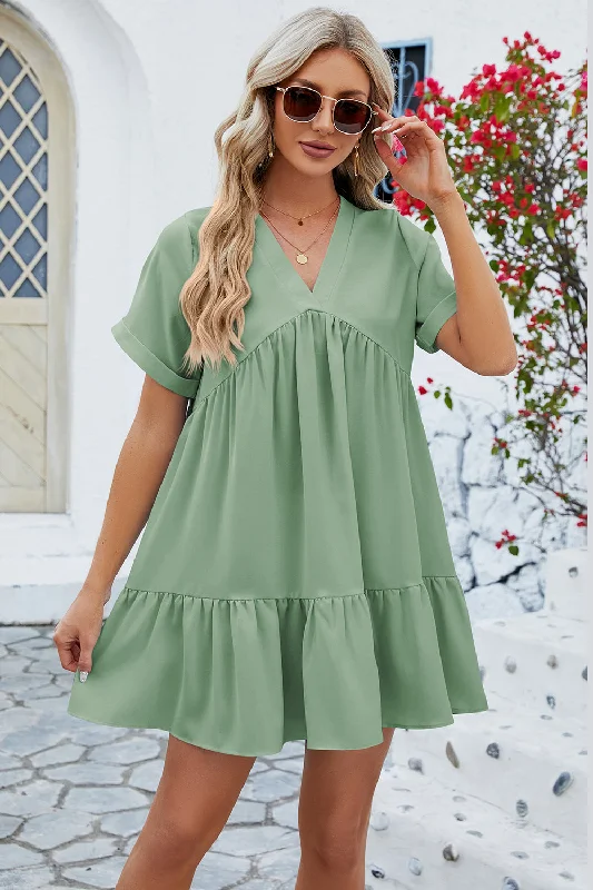 Ruched Tiered V-Neck Short Sleeve Mini Dress Elegant Lace Mini Dress