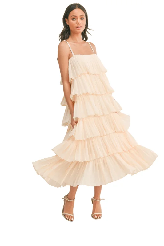 RUFFLE TIER MIDI DRESS WITH RHINESTONE STRAPS Comfortable Wrap Midi Dress
