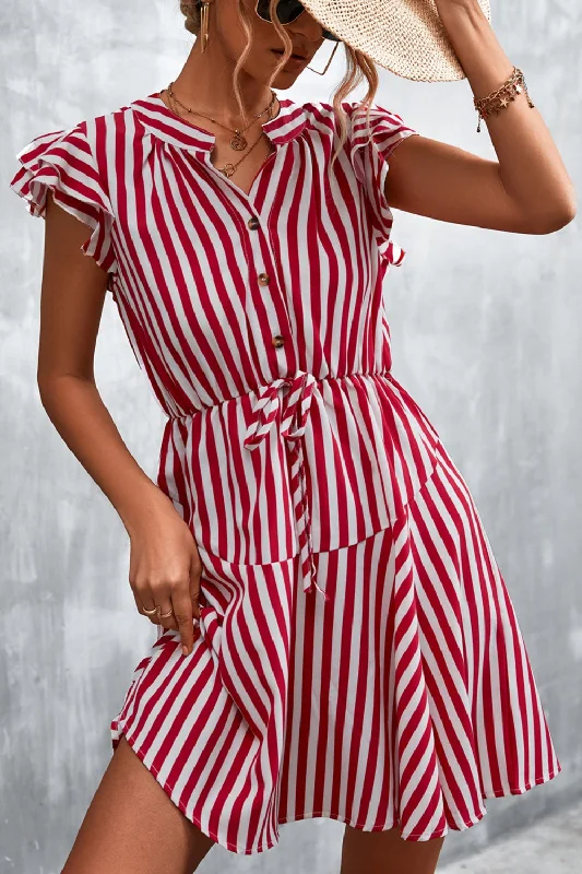 Ruffled Striped Cap Sleeve Mini Dress Classic Shift Mini Dress