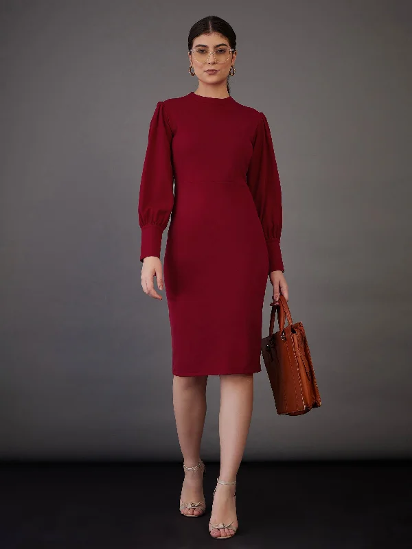 Women Red Puff Sleeves Bodycon Midi Dress Elegant Puff Sleeve Midi Dress