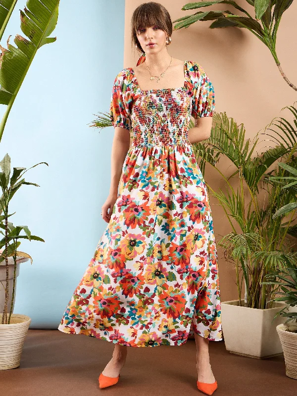 Women Orange Floral Puff Sleeves A-Line Midi Dress Trendy Bodycon Midi Dress