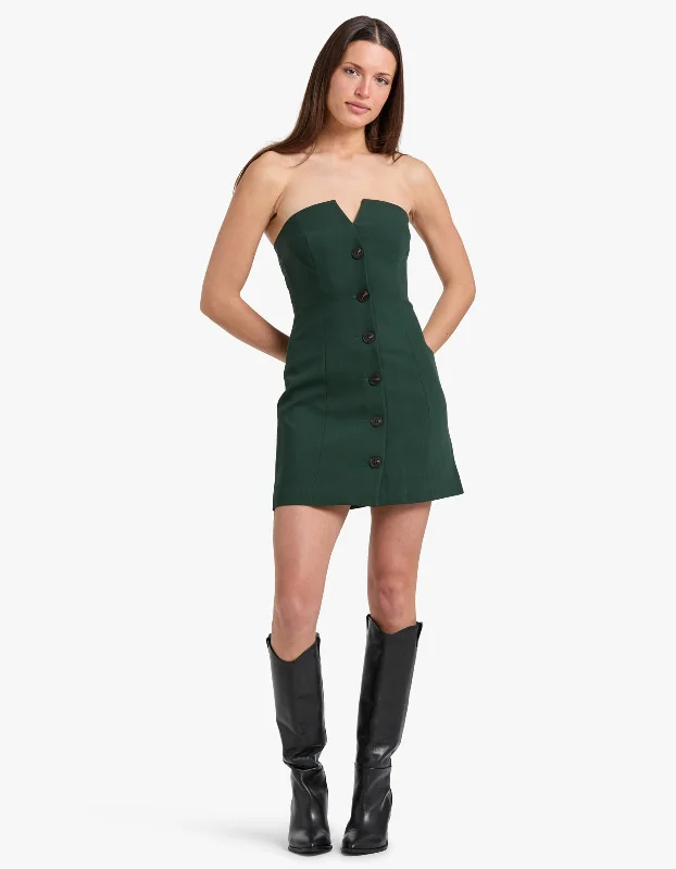 Irena Strapless Button Up Mini Dress - Deep Forest Stylish Sweetheart Neck Mini Dress