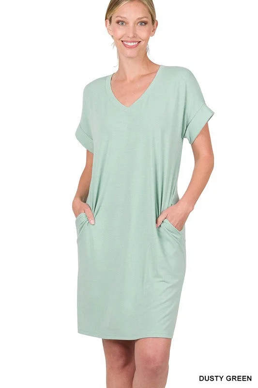 @* Hard To Catch Dusty Green Rolled Sleeve Mini Dress (Size Small) Classic Striped Mini Dress