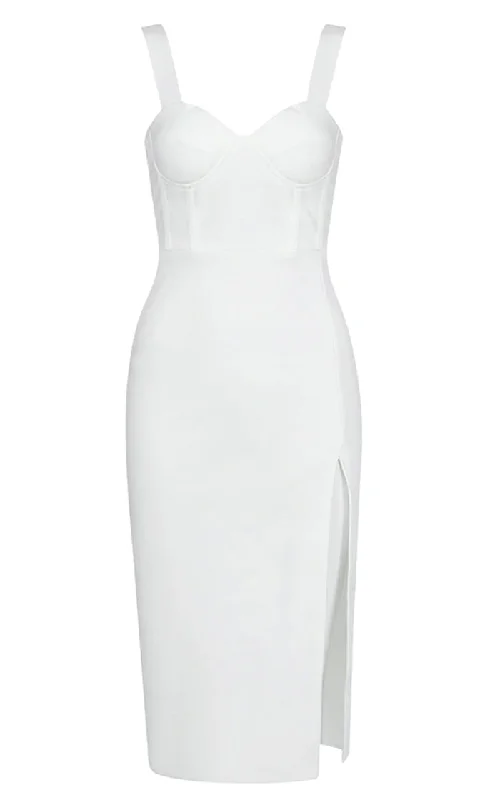 Sliding In White Sleeveless V Neck Bustier Side Slit Bodycon Bandage Midi Dress Stylish Button-Up Midi Dress Sliding In White Sleeveless V Neck Bustier Side Slit Bodycon Bandage Midi Dress Stylish Button-Up Midi Dress