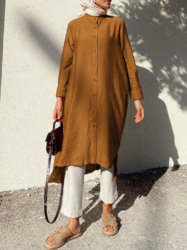 Solid Knee Length Button Up Long Sleeve High-low Hem Kaftan Robe Women Midi Dress Comfortable Lace-Up Midi Dress