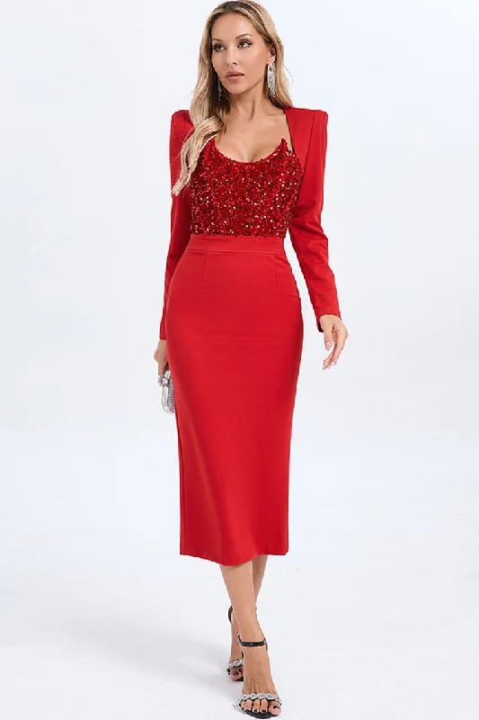 Sparkly Sequin Padded Long Sleeve Bodycon Croset Cocktail Party Midi Dress Elegant Pleated Detail Midi Dress Sparkly Sequin Padded Long Sleeve Bodycon Croset Cocktail Party Midi Dress Elegant Pleated Detail Midi Dress