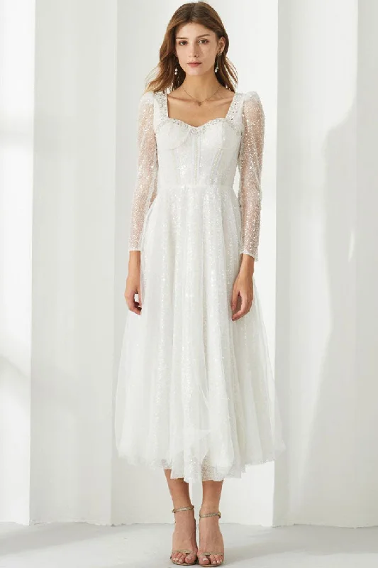Sparkly Sequin Sweetheart Fit Flare Tulle Corset Cocktail Party Midi Dress - White Elegant Floral Midi Dress Sparkly Sequin Sweetheart Fit Flare Tulle Corset Cocktail Party Midi Dress - White Elegant Floral Midi Dress