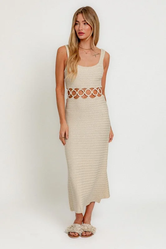 Square Neck Sleeveless Crochet Midi Dress Fashionable Pleated Midi Dress