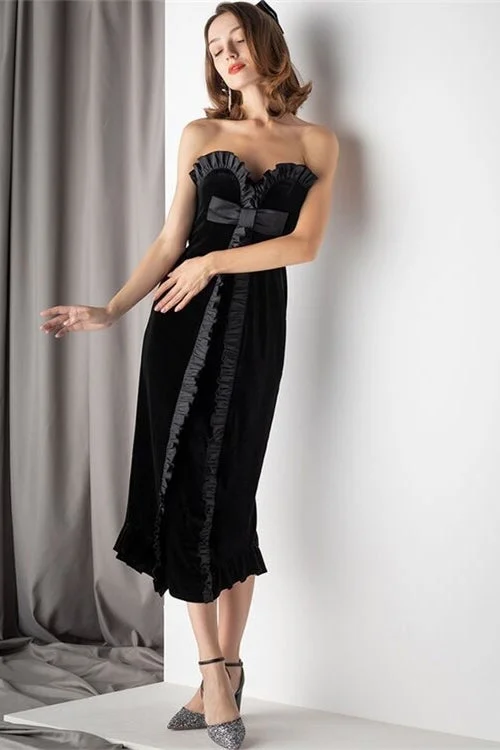 Sweetheart Black Velvet Midi Dress Trendy Square Neck Midi Dress